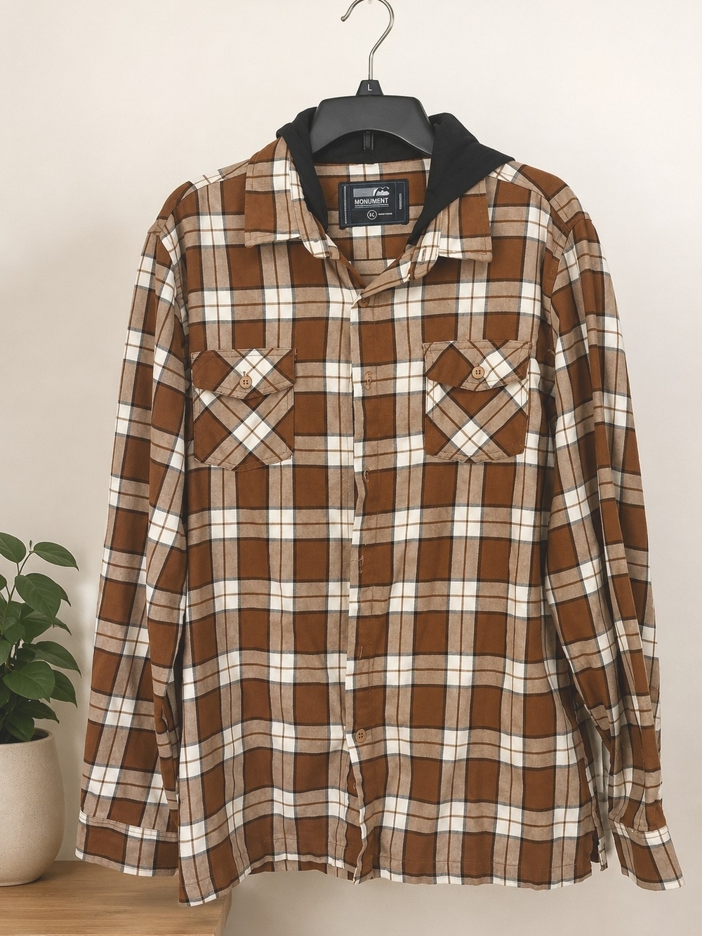 Monument Hooded Plaid Flannel Shirt Men's XL Brown Cotton Blend